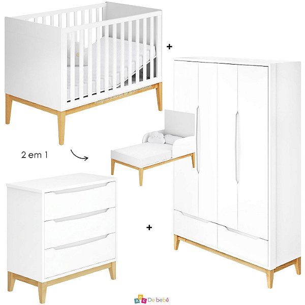 Quarto Completo Amor Perfeito - Berço 2 Em 1 + Cômoda 3 Gavetas + Roupeiro 3 Portas - Branco Com Nature