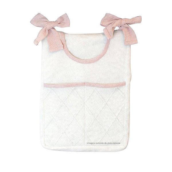 Porta-Treco em Tricô Branco - Trama Losango - Rosa Pastel