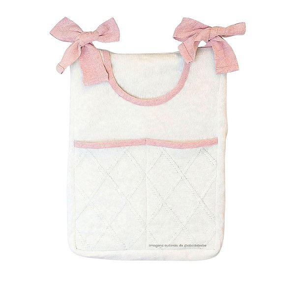 Porta-Treco em Tricô Branco - Trama Losango - Rosa Baby