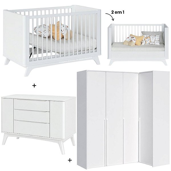 Quarto Completo Sambalelê - Berço 2 Em 1 + Cômoda 2 Portas + Roupeiro Modulado 4 Portas - Branco
