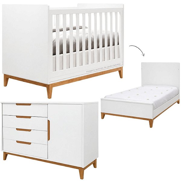Conjunto Nordic - Berço 2 Em 1 + Cômoda Com Porta - Branco/Mel