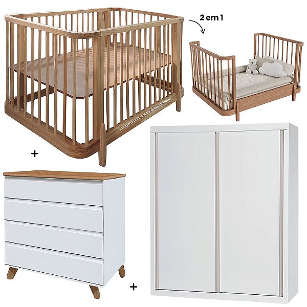 Quarto Completo -Berço Ninho II 2 Em 1 + Cômoda Ninho + Roupeiro White II - Mel/Branco