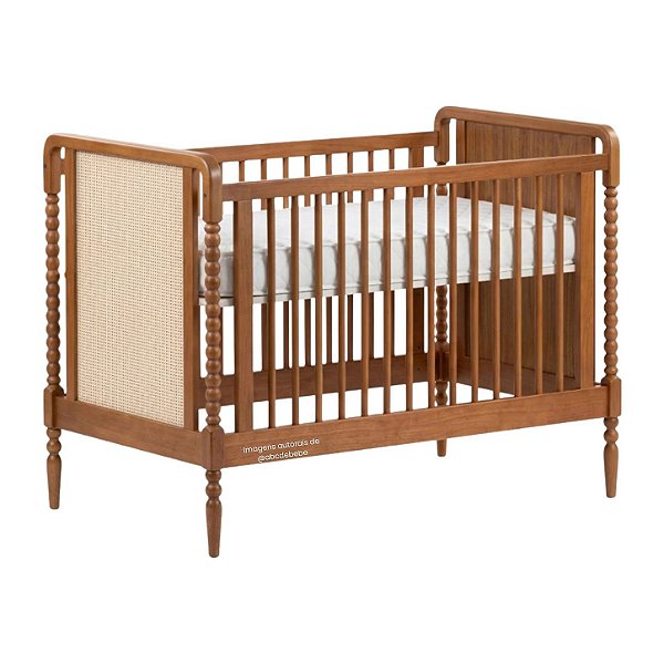 Berço Madeira Maciça Com Rattan Solene - Nogueira