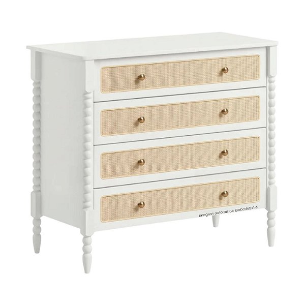 Cômoda 4 Gavetas Madeira Maciça E Palha Solene - Branco