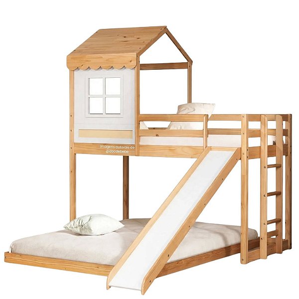 Beliche Cabana Com Escorregador E Cama Auxiliar Queen Farm - Madeira/Branco