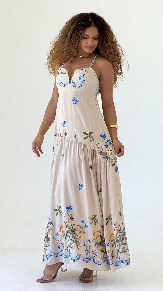 Vestido Longo Floral com drapeado