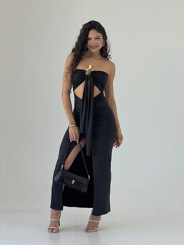 Vestido Longo Preto com Laço