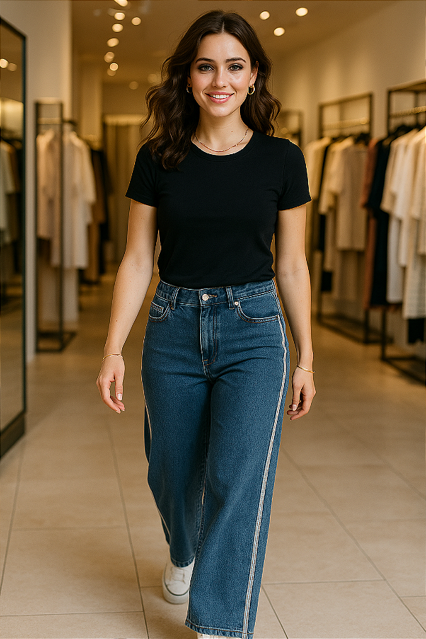 Calça Jeans Wide Leg com Faixa Lateral