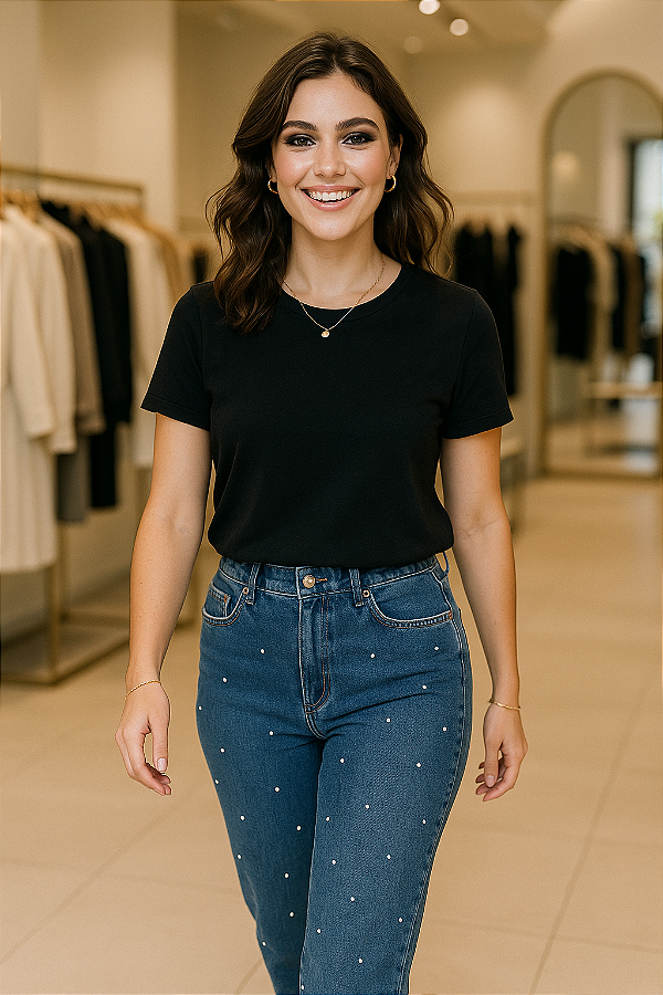 Calça Jeans Mom miller com Aplicações de Pérolas