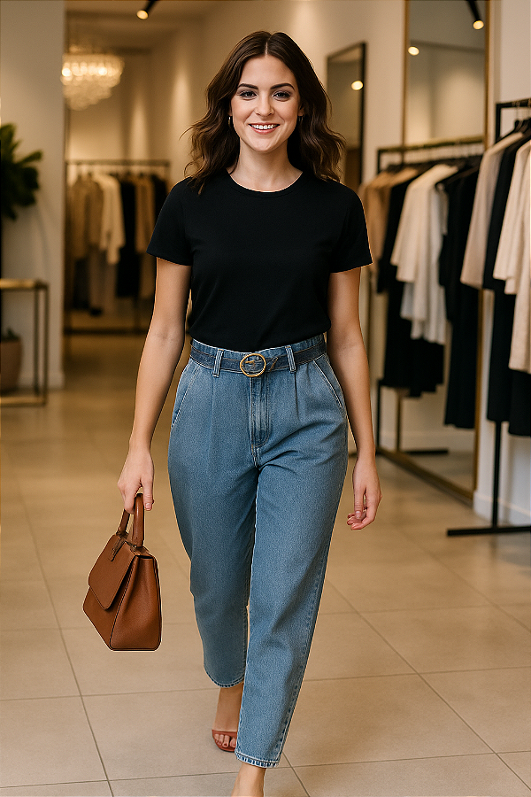 Calça Jeans com Cinto Dourado