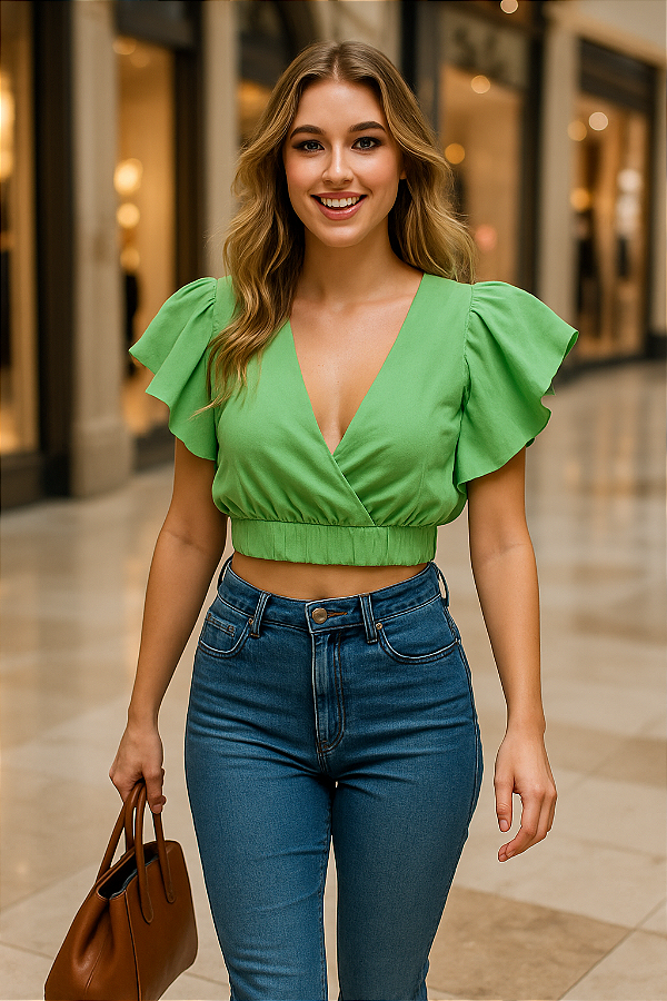 Cropped Verde com Mangas Bufantes