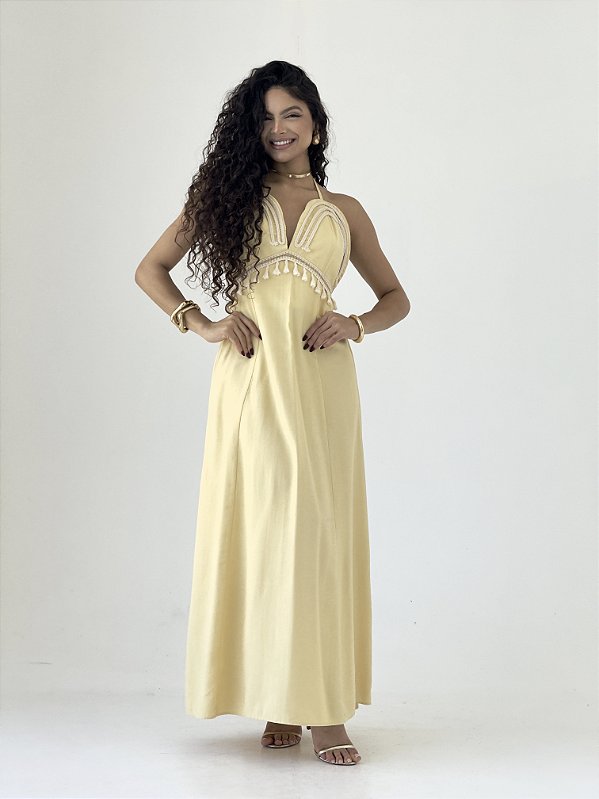 Vestido Longo Amarelo com Detalhes de Renda