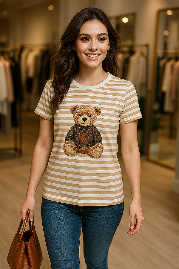 Camiseta Listrada com Urso