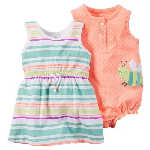 Conjunto 2 peças Romper abelhinha com vestido listras coloridas- CARTERS