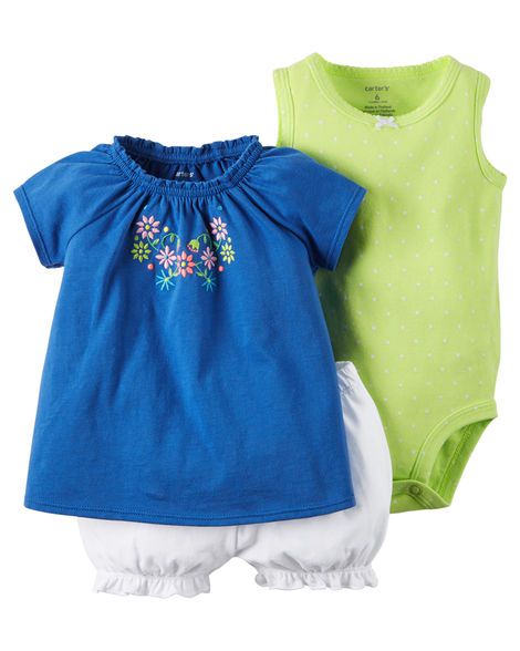 Conjunto 3 peças bata azul flores bordadas - CARTERS