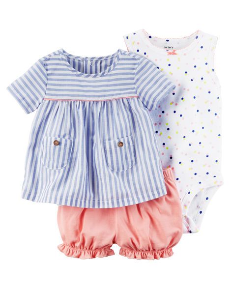 Conjunto 3 peças azul e salmão com body regata bolinhas coloridas - CARTERS