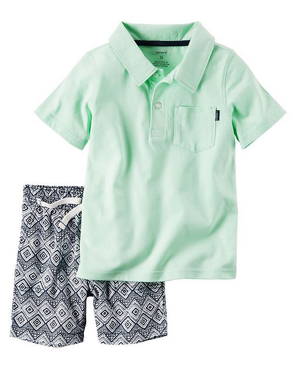 Conjunto 2 peças camiseta polo verde claro com short azul marinho estampado - CARTERS