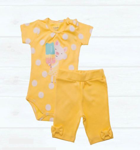 Conjunto 2 peças body amarelo Porquinha e bermudinha - BABY FASHION