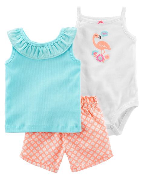 Conjunto 3 peças azul e neon Flamingo - CARTERS