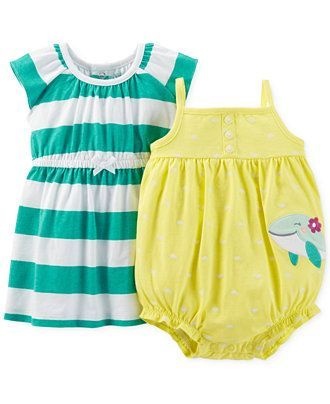 Conjunto 2 peças vestido verde listrado e romper Baleia - CARTERS