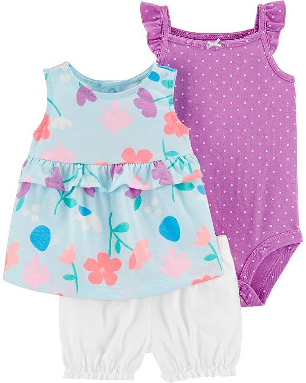 Conjunto 3 peças shorts body e bata floral - Carter's