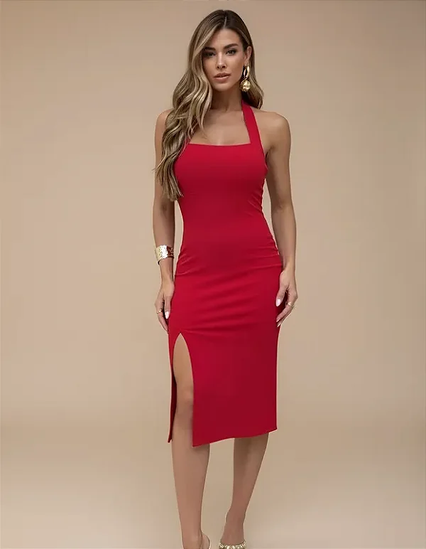 Vestido Midi Com Fenda Frente Unica