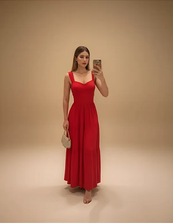 Vestido Longo De Alça Larga Vermelha
