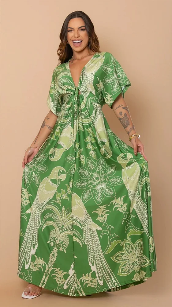 Vestido Longo Estampado Com Manga