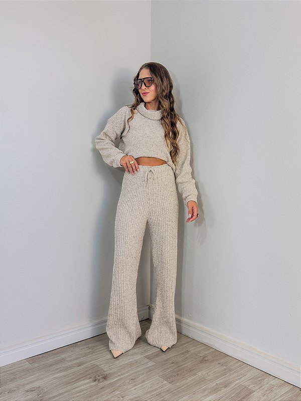Conjunto Tricô Mousse Calça Areia