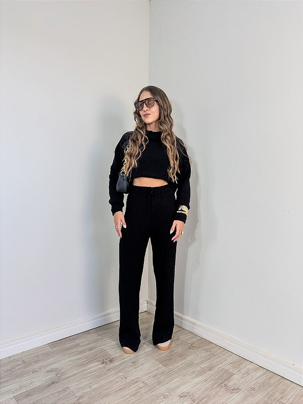 Conjunto Tricô Mousse Calça Preto