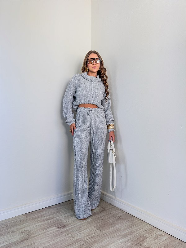 Conjunto Tricô Mousse Calça Cinza