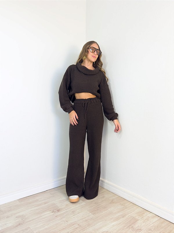 Conjunto Tricô Mousse Calça Marrom