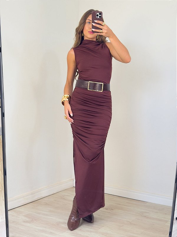 Vestido Drapeado Midi Clover Marrom