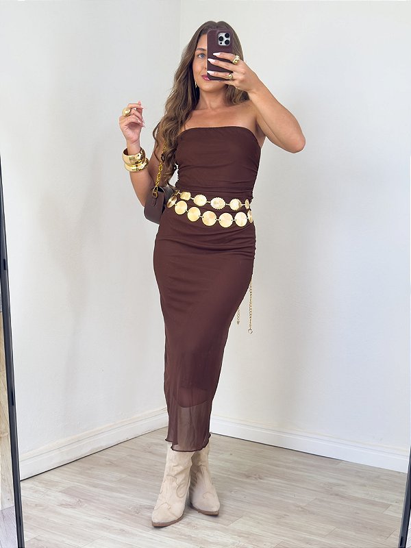 Vestido sem alça tule marrom