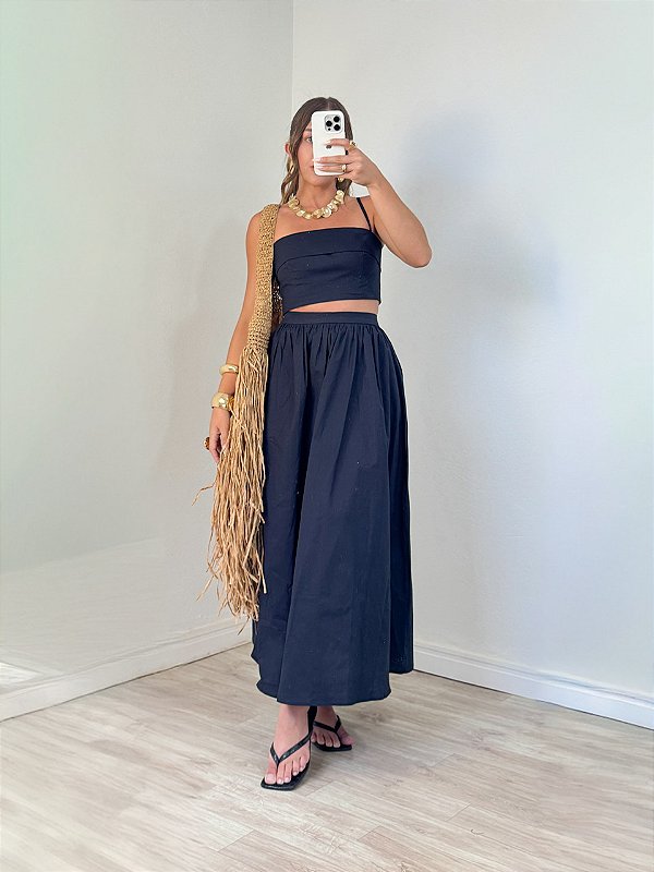 Conjunto Clear Saia Midi Preto