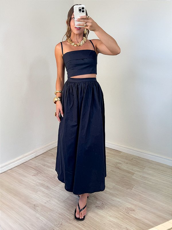 Conjunto Clear Saia Midi Preto