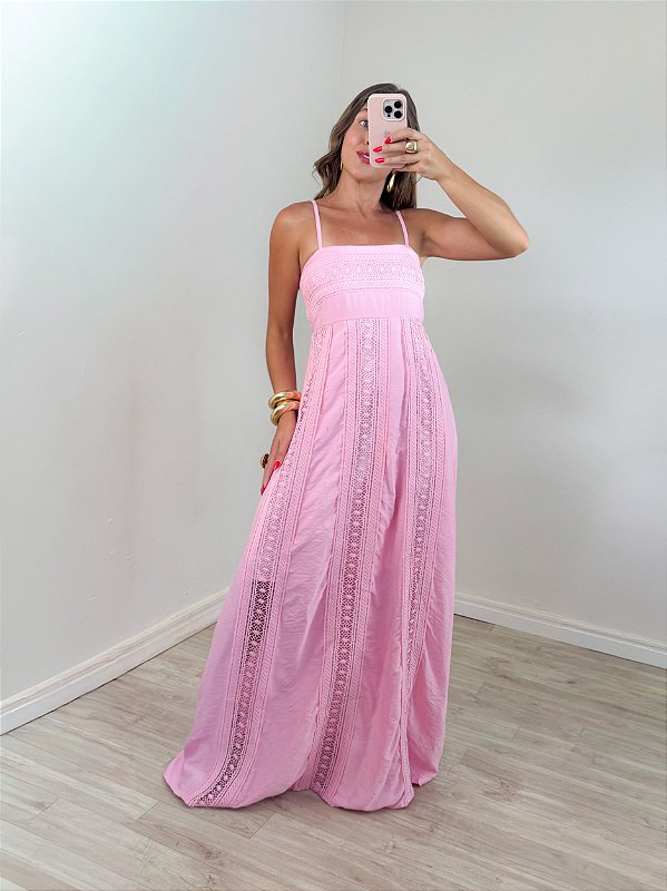 Vestido longo flores rosa