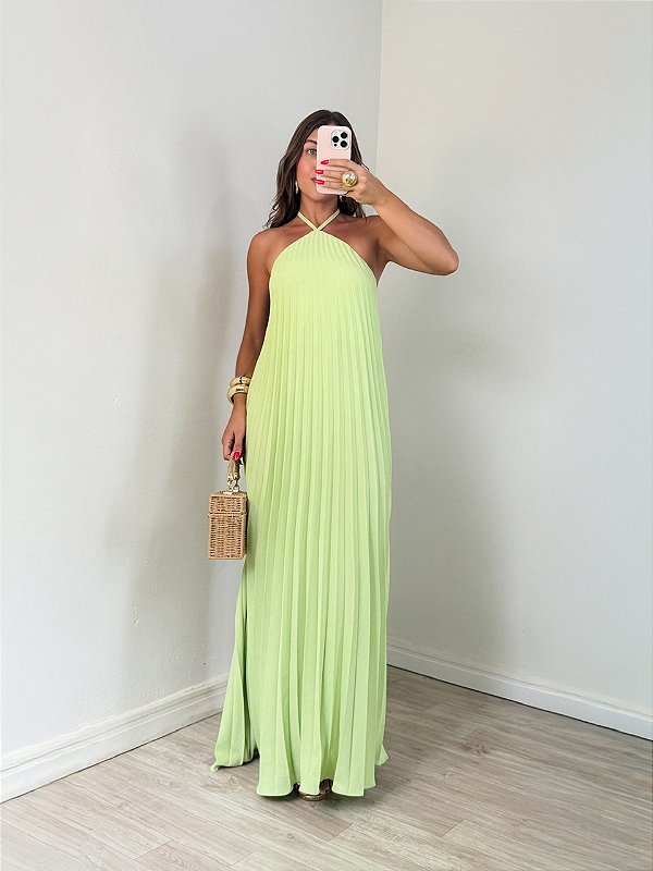 Vestido plissado verde pistache