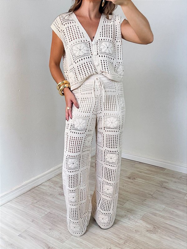 Conjunto calça tricô areia