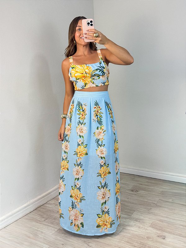 Conjunto saia floral azul
