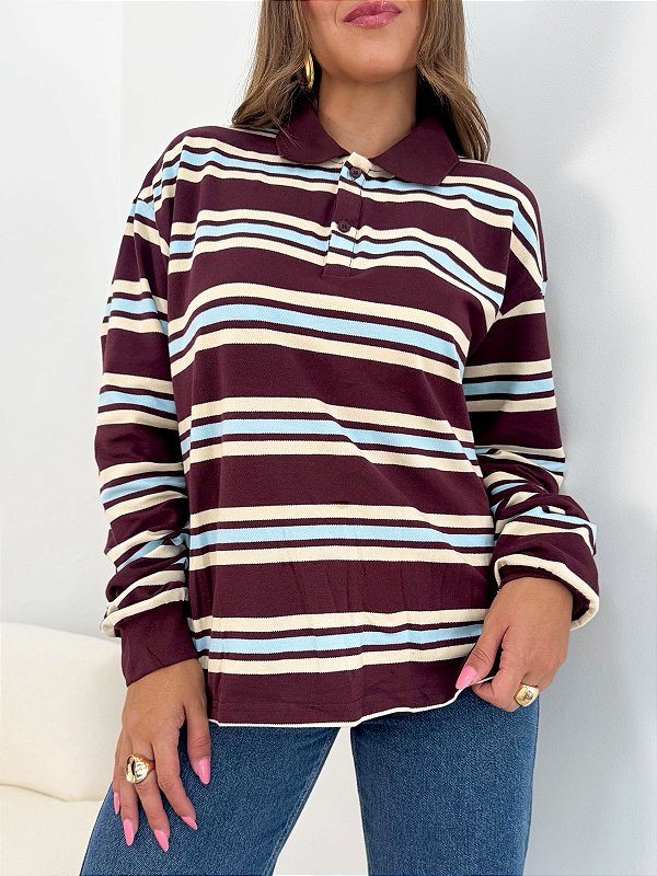 Blusa listrada manga longa marrom