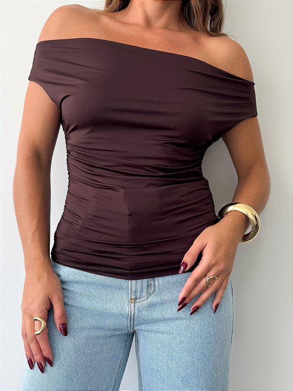 Blusa ombro a ombro poliamida marrom