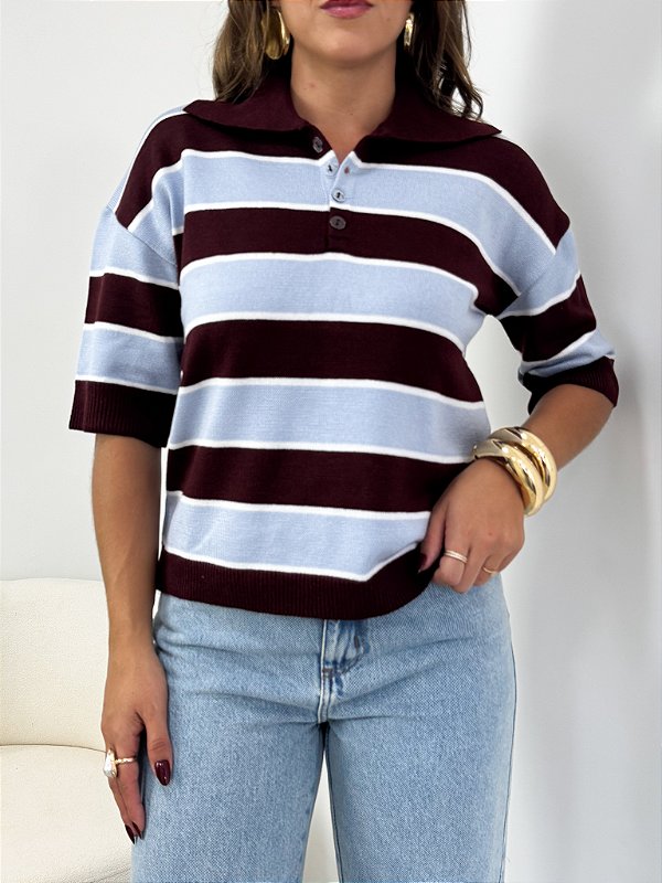 Gola Polo Tricô Manga Curta Azul e Cherry