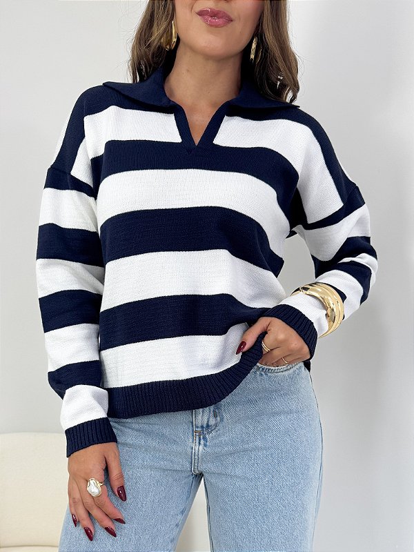 Gola Polo Tricô Manga Longa Azul e Branco