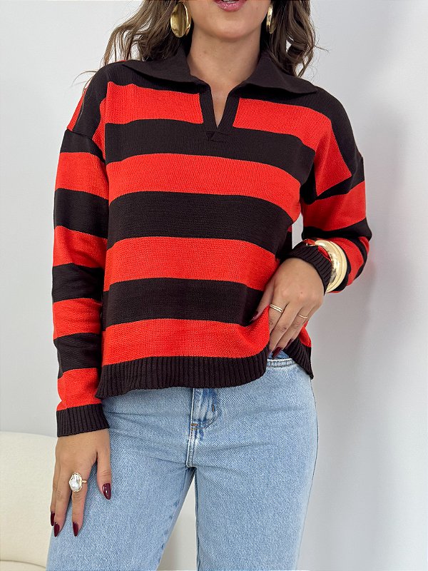 Gola Polo Tricô Manga Longa Marrom e Vermelho