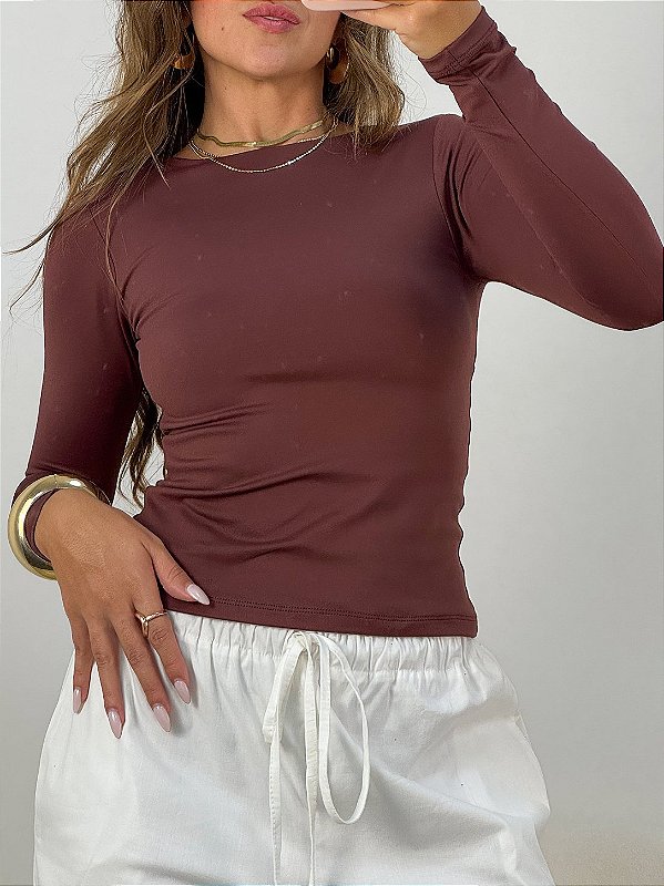 Body manga longa basic marrom