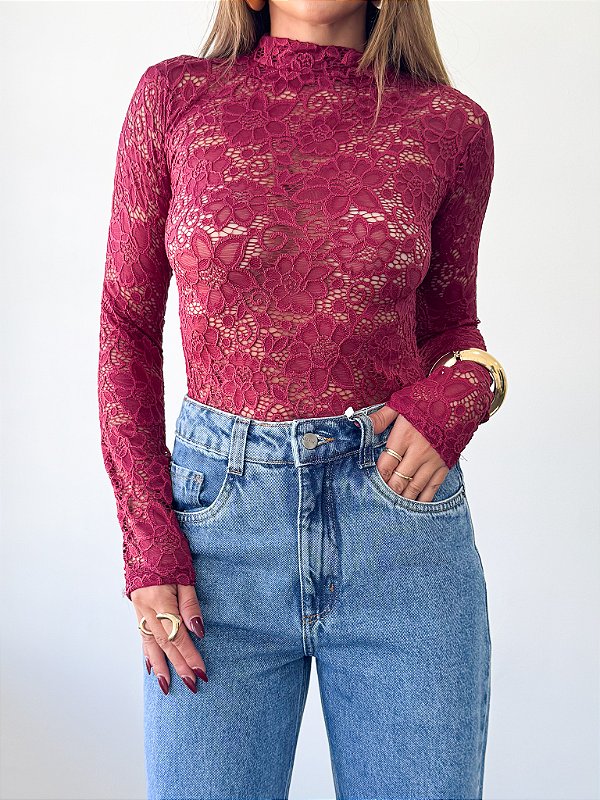 Body renda manga longa bordo