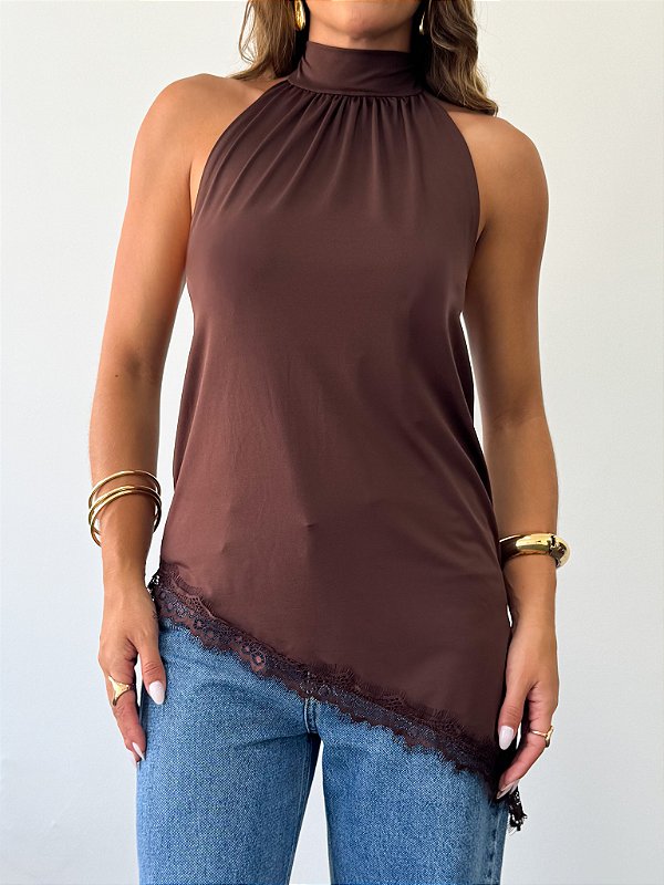 Blusa Bata Poliamida Renda Marrom