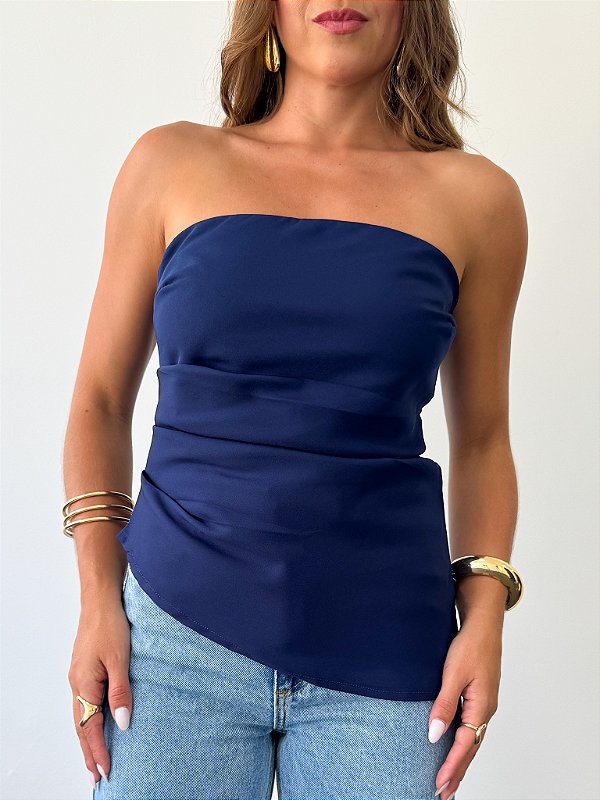 Blusa sem alças drapeada monique azul marinho