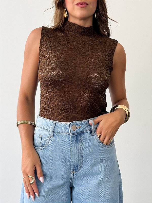 Body Renda Cavado Marrom